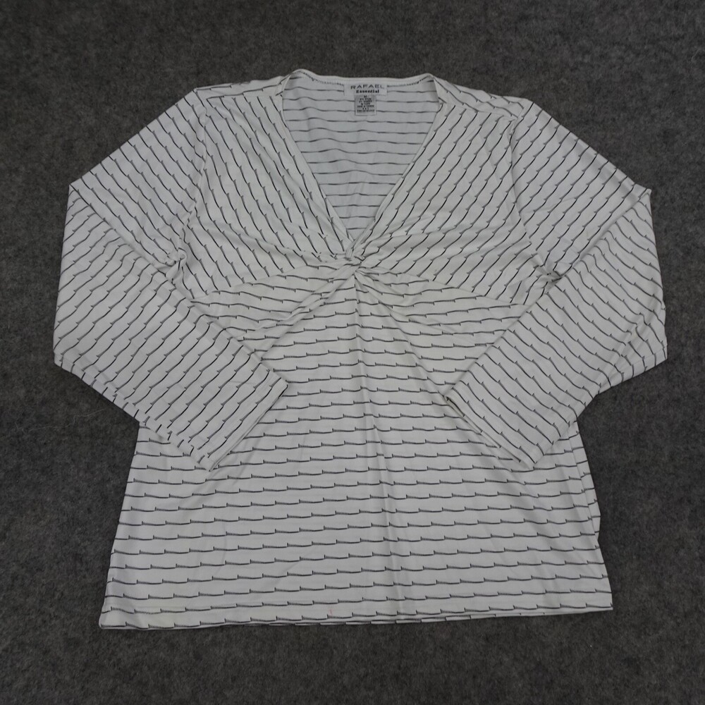 Rafael Top Womens Medium M White Black Pullover Shirt Blouse Striped V Neck